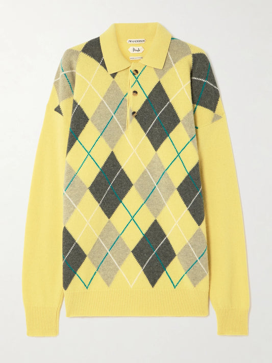 Image of a model wearing Outerwear. Product name - + Pringle Argyle Wool Polo Sweater in Yellow colour by brand - JW Anderson