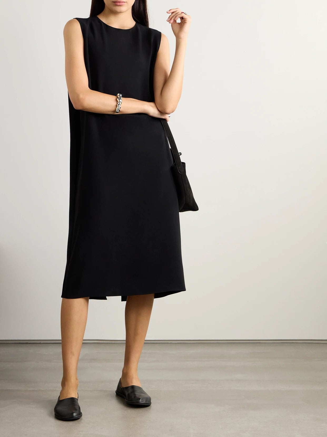 Image of Dresses. Product name - Essentials Mirna Crepe Midi Dress in Black colour by brand - The Row