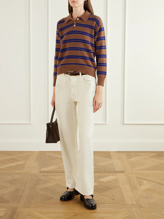 Image of a model wearing Outerwear. Product name - Edith Striped Wool Polo Sweater in Brown colour by brand - &Daughter