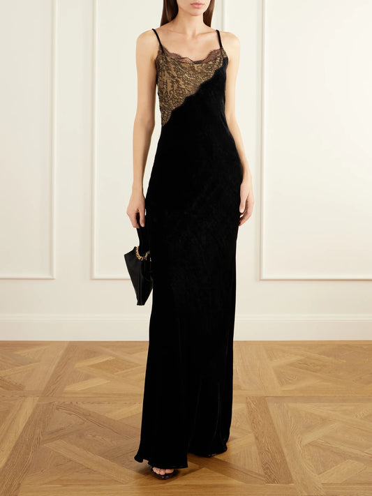 Image of Dresses. Product name - Lace-trimmed Velvet Gown in Black colour by brand - Stella McCartney