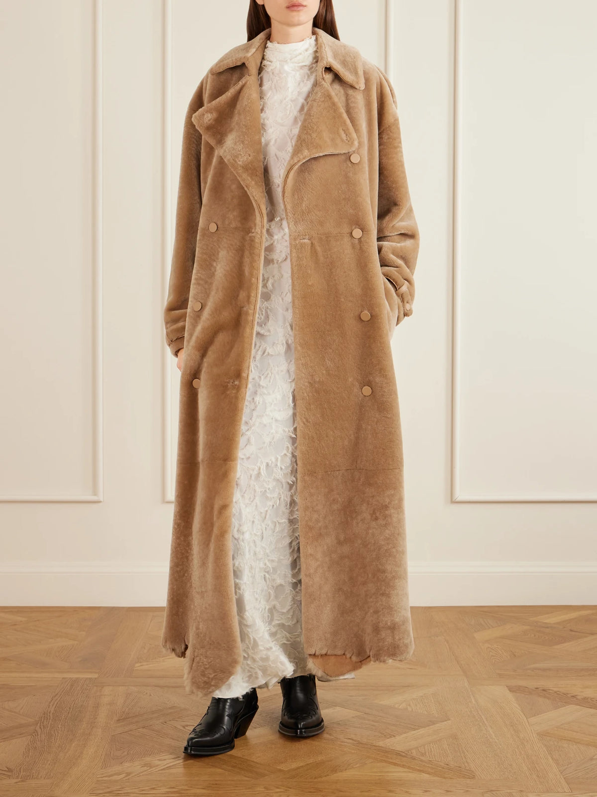 Image of Coats & Jackets. Product name - Tellus Belted Double-breasted Leather-trimmed Shearling Coat in Camel colour by brand - Gabriela Hearst