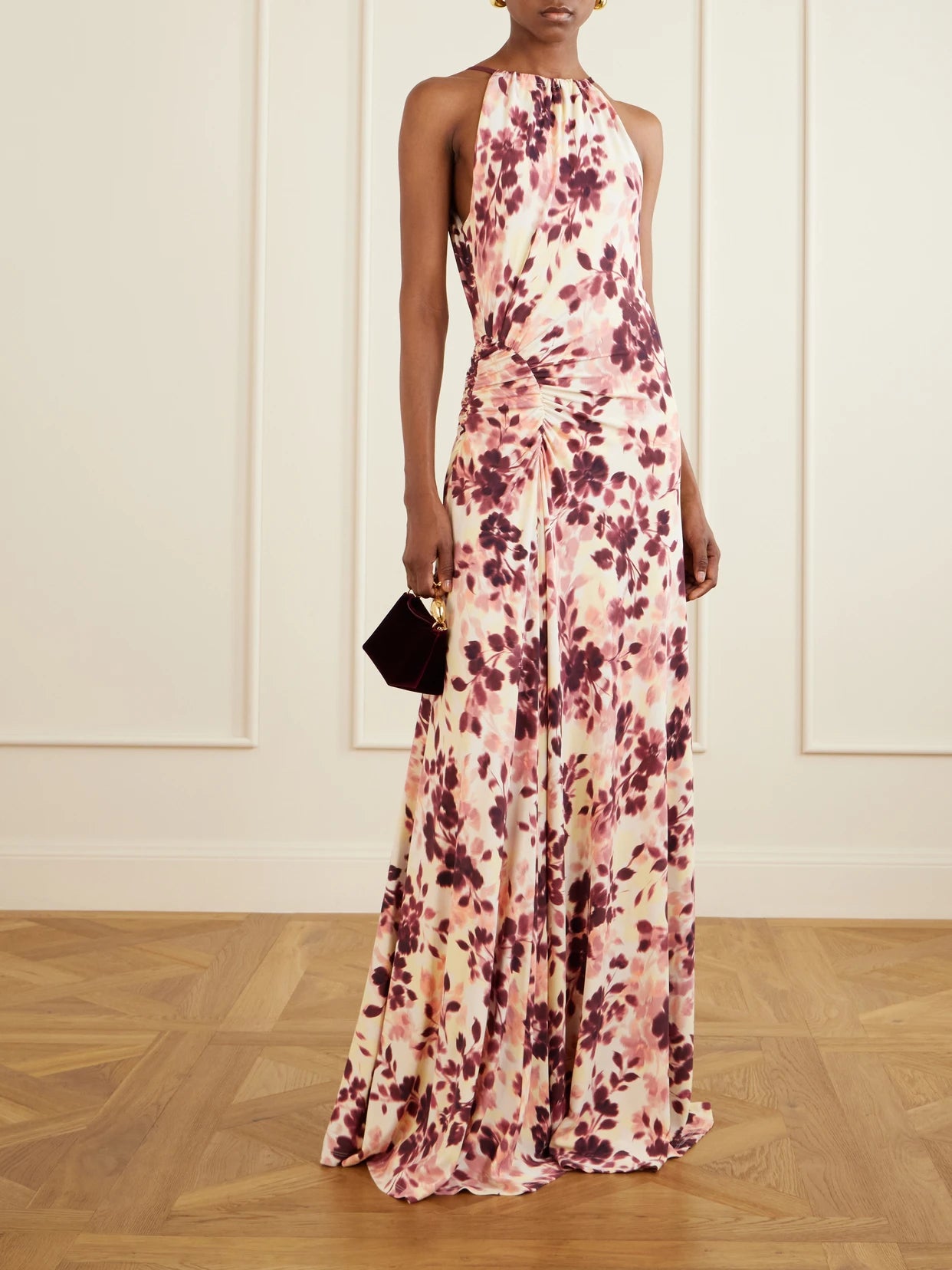 Image of Dresses. Product name - Cerin Printed Jersey Halterneck Gown in Multi colour by brand - SIMKHAI
