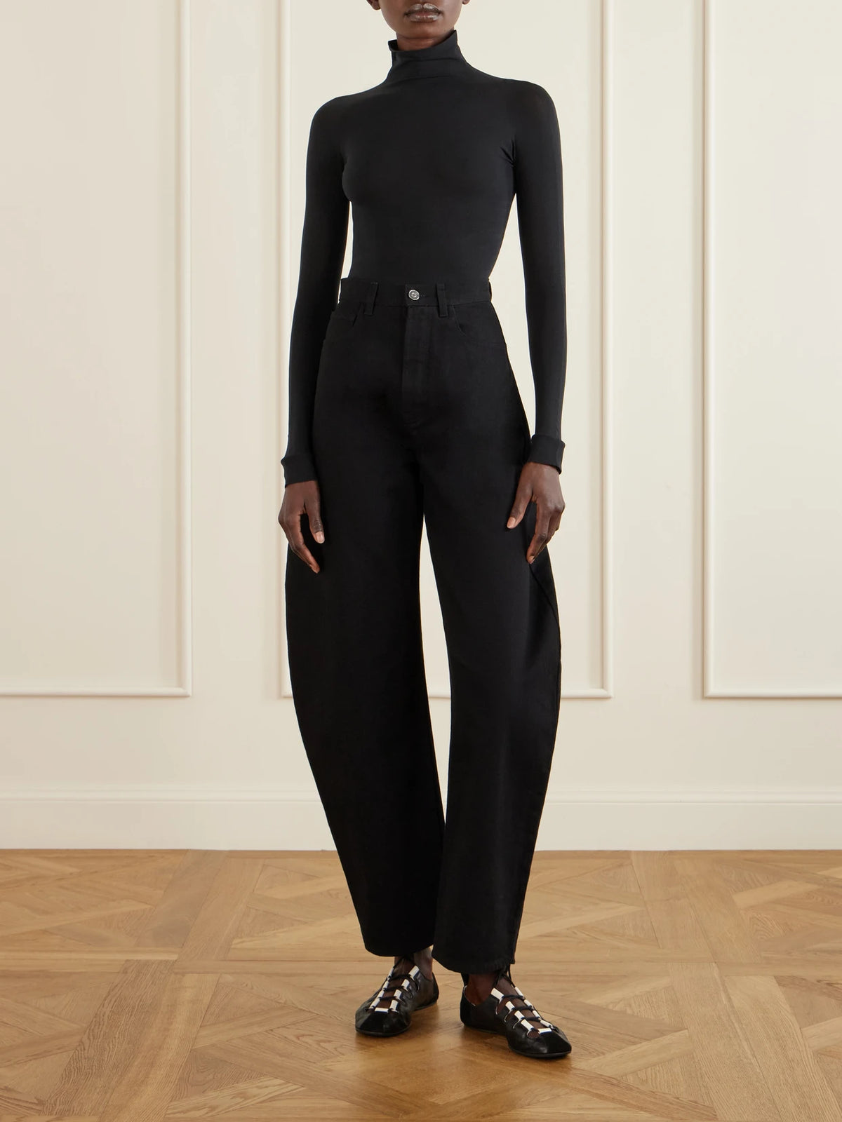 Image of Sneakers. Product name - Suede-trimmed Leather Ballet Flats in Black colour by brand - Alaïa