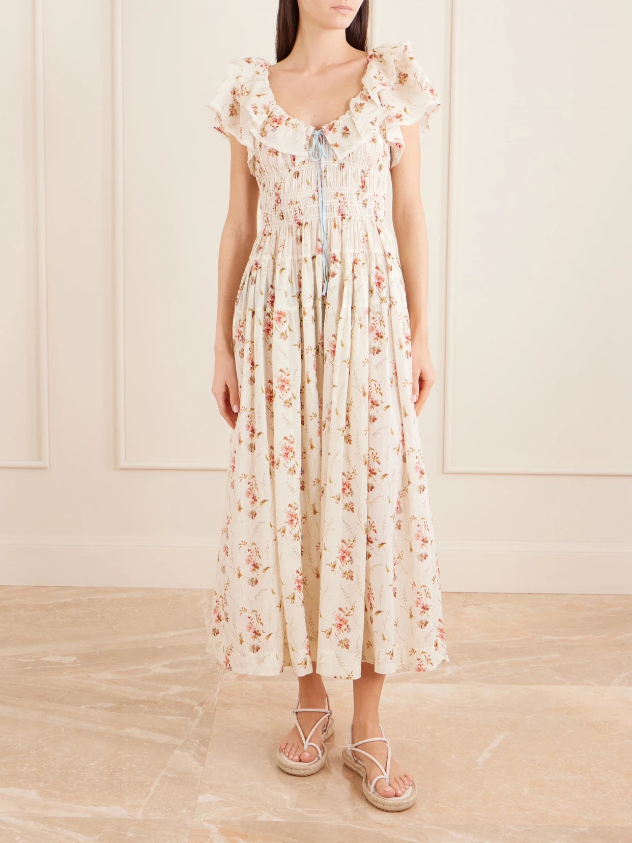 Image of Dresses. Product name - Illiana Lace-trimmed Shirred Floral-print Organic Cotton Dress in Multi colour by brand - DÔEN