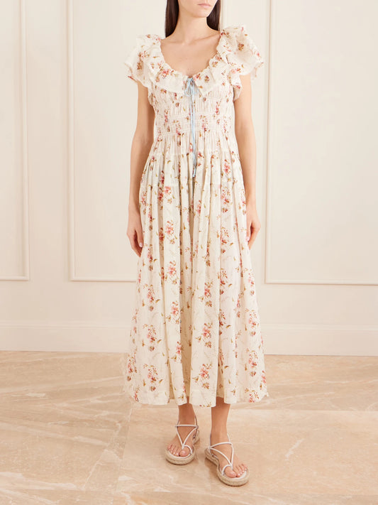 Image of Dresses. Product name - Illiana Lace-trimmed Shirred Floral-print Organic Cotton Dress in Multi colour by brand - DÔEN