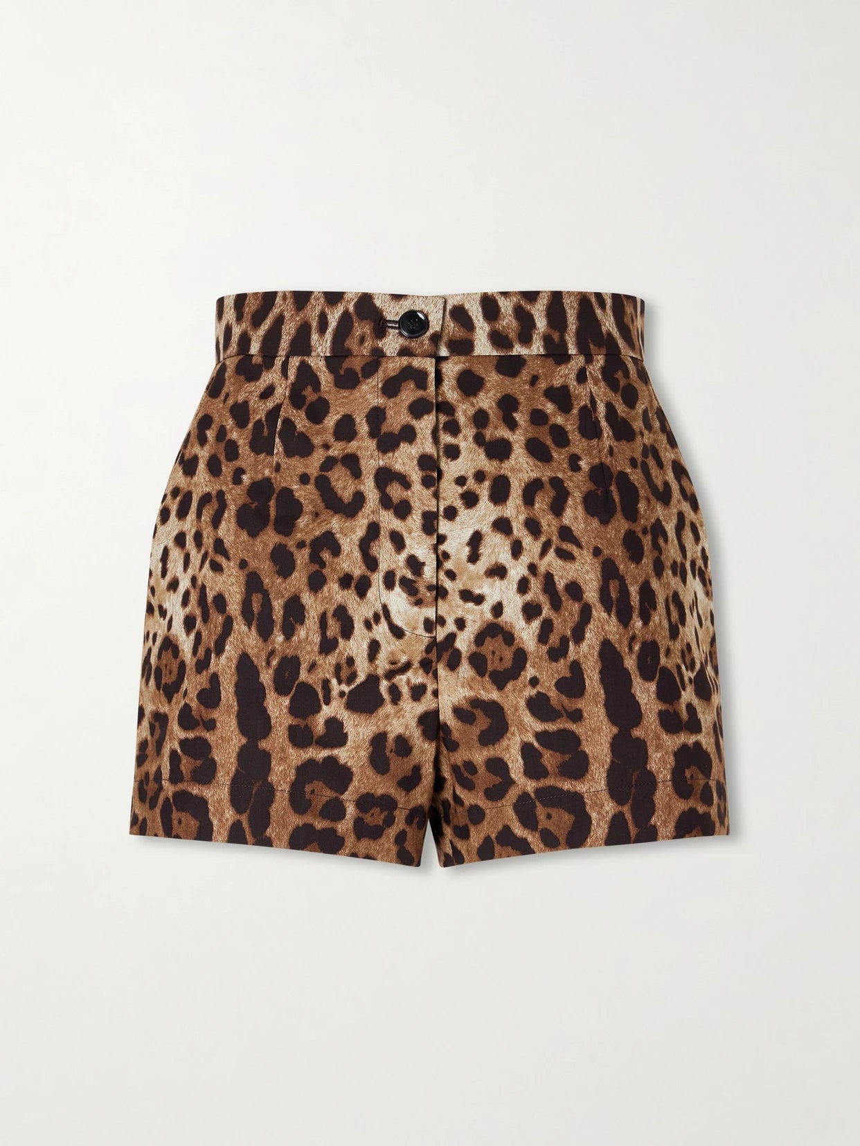 Image of a model wearing Shorts. Product name - Leopard-print High-rise Cotton Shorts in Leopard print colour by brand - Dolce & Gabbana