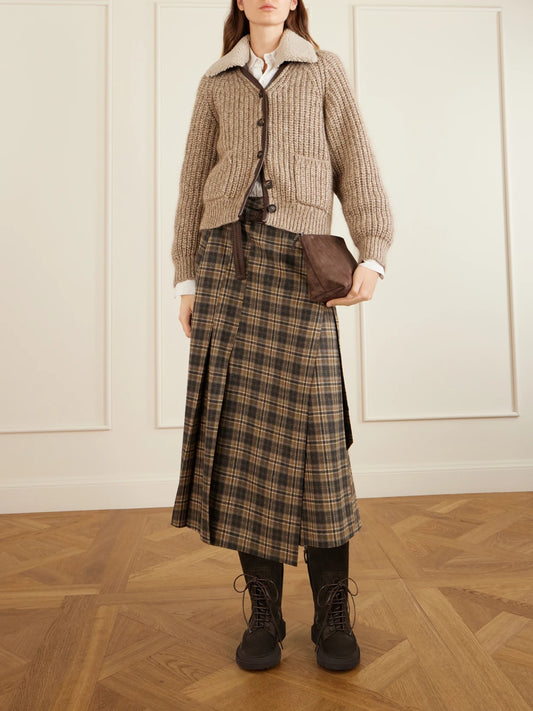 Image of Coats & Jackets. Product name - Rib-knitted Shearling And Leather-trimmed Cashmere-blend Cardigan in Brown colour by brand - Brunello Cucinelli