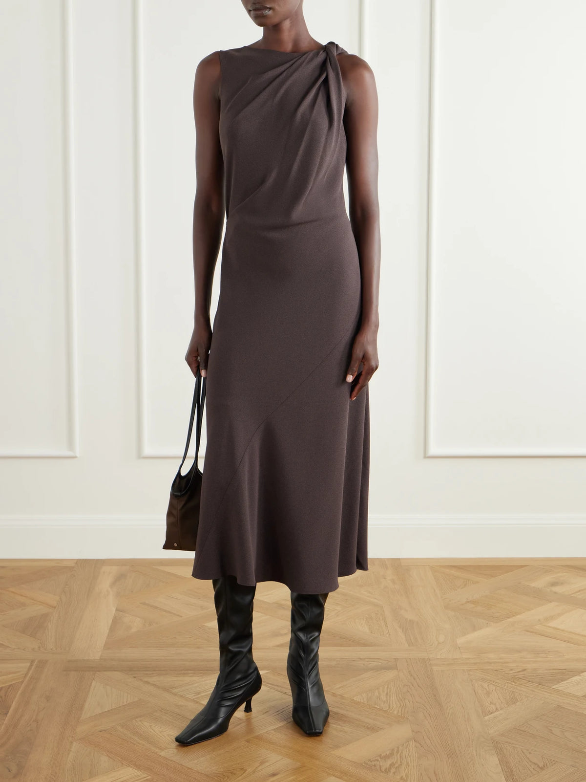 Image of Dresses. Product name - Knotted Crepe Midi Dress in Brown colour by brand - Theory