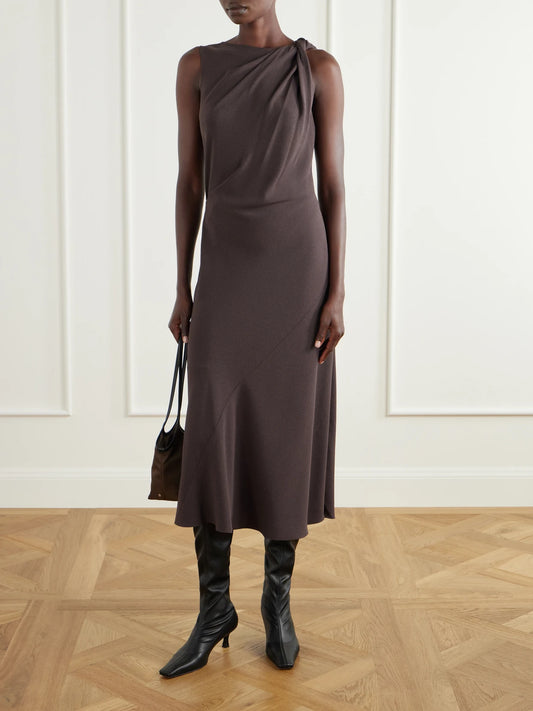 Image of Dresses. Product name - Knotted Crepe Midi Dress in Brown colour by brand - Theory