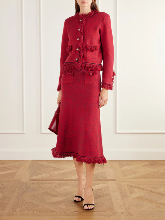Image of Outfit Sets. Product name - Cropped Frayed Wool And Cotton-blend Knitted Jacket in Red colour by brand - Self-Portrait