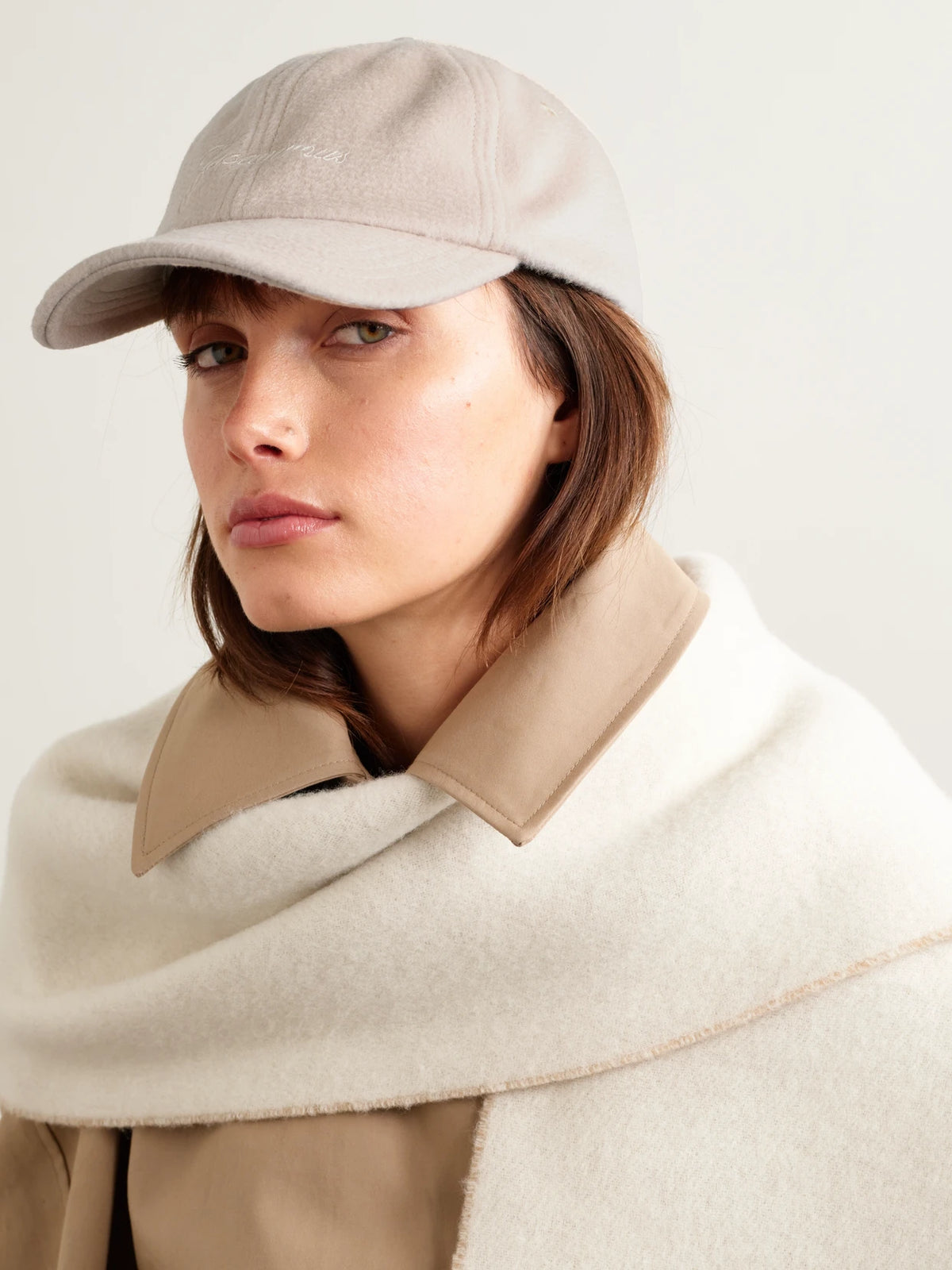 Image of Hats. Product name - Embroidered Wool Baseball Cap in Beige colour by brand - Jacquemus