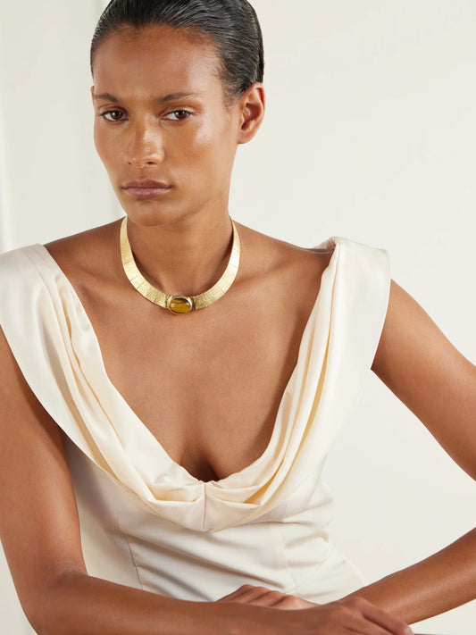 Image of Necklaces. Product name - Athena Gold Vermeil Tiger's Eye Choker in Brown colour by brand - Juju Vera