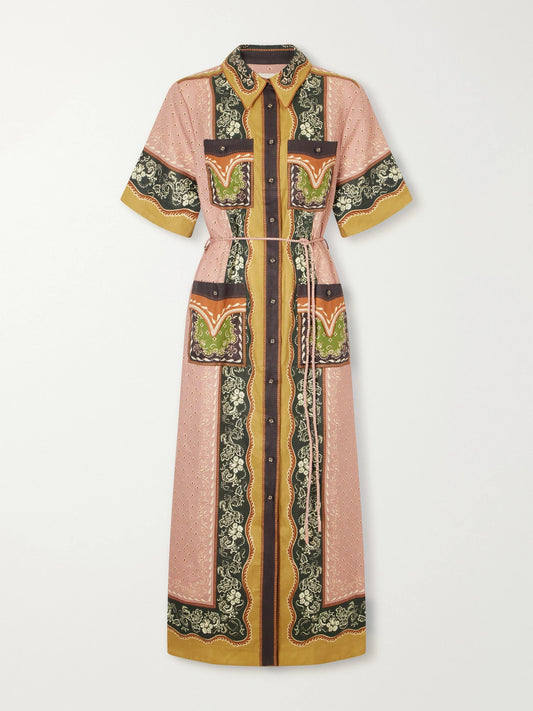 ALÉMAIS Darcey Belted Printed Hemp Midi Dress