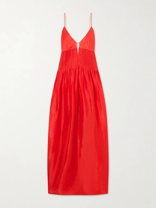 Image of Dresses. Product name - Embellished Pleated Linen And Silk-blend Maxi Dress in Red colour by brand - Tory Burch