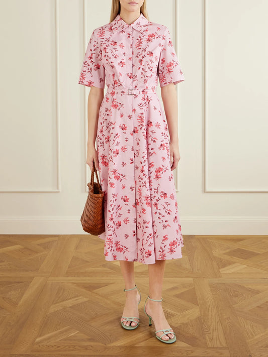 Image of Dresses. Product name - Rubie Belted Floral-print Organic Cotton-poplin Midi Dress in Baby pink colour by brand - Emilia Wickstead