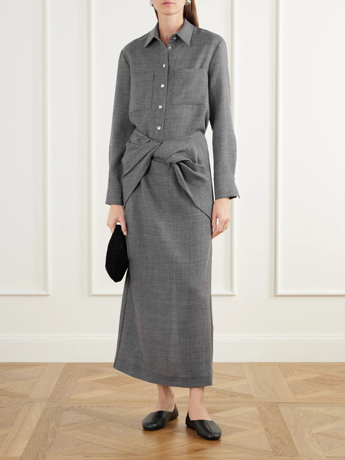 Image of a model wearing Tops. Product name - Efa Wool-fresco Shirt in Gray colour by brand - TOVE