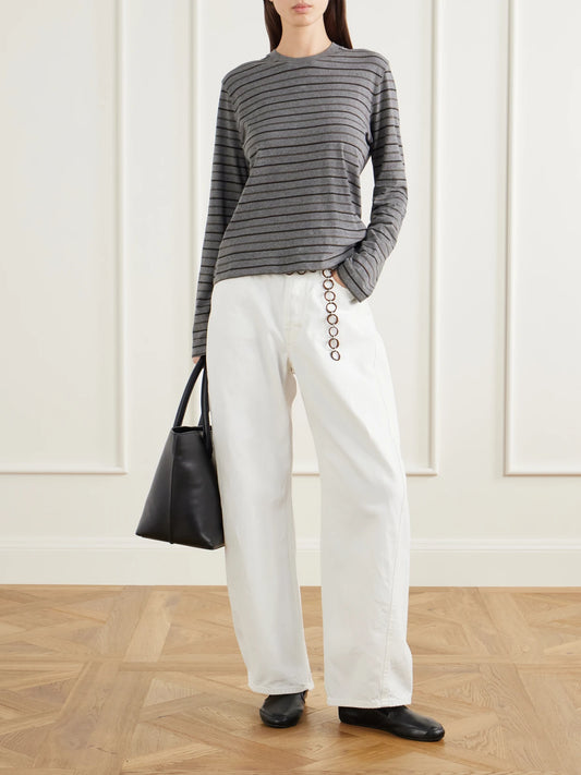 Image of a model wearing Tops. Product name - Wynn Striped Cotton-jersey T-shirt in Charcoal, Camel colour by brand - KALLMEYER