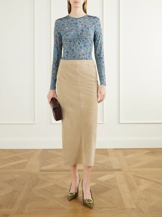 Image of a model wearing Tops. Product name - Gathered Floral-print Stretch-jersey Blouse in Blue colour by brand - Ulla Johnson