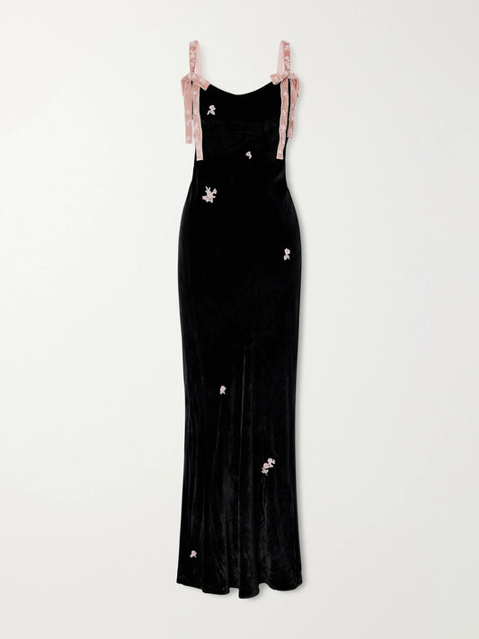 BERNADETTE Julie Bead-embellished Bow-detailed Velvet Gown