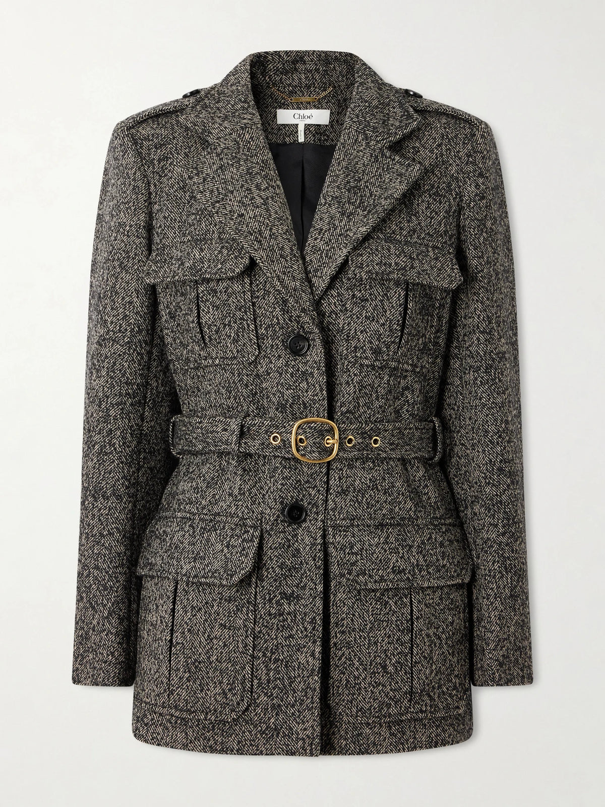 Belted Herringbone Wool-blend Jacket