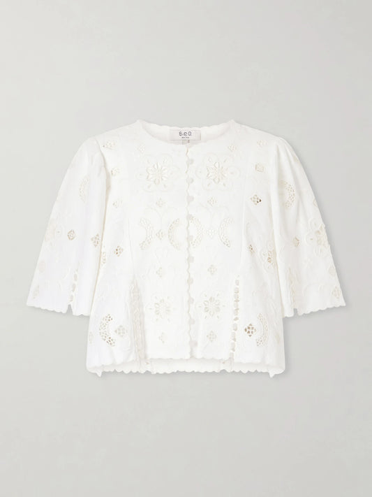 Image of Blouses. Product name - Gardener Broderie Anglaise Cotton And Linen-blend Blouse in White colour by brand - Sea