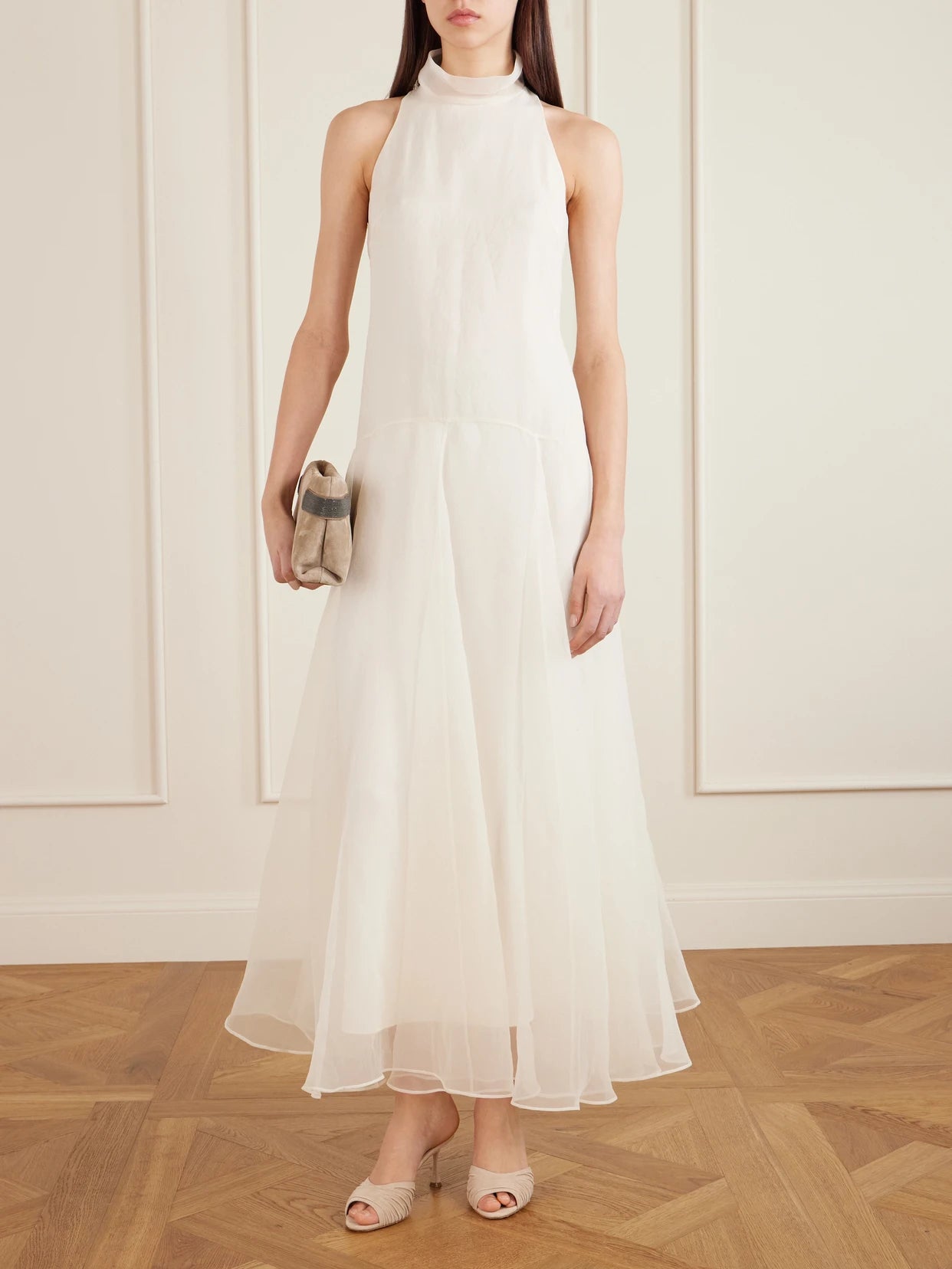 Image of Dresses. Product name - Halterneck Silk Maxi Dress in White colour by brand - Brunello Cucinelli