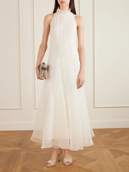 Image of Dresses. Product name - Halterneck Silk Maxi Dress in White colour by brand - Brunello Cucinelli