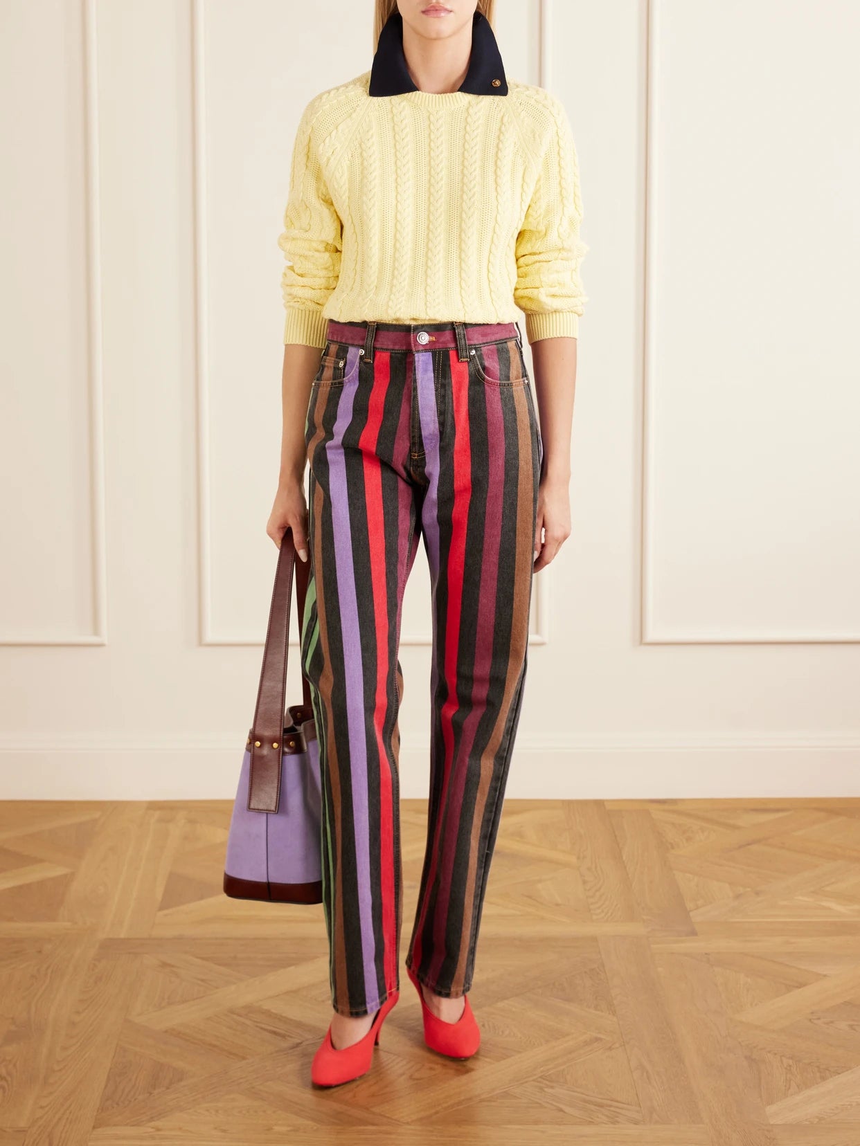 Image of Jeans. Product name - Striped Mid-rise Straight-leg Cotton Jeans in Purple colour by brand - Versace