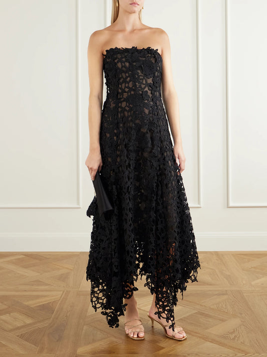 Image of Dresses. Product name - Guipure Lace-trimmed Mesh Midi Dress in Black colour by brand - Oscar de la Renta