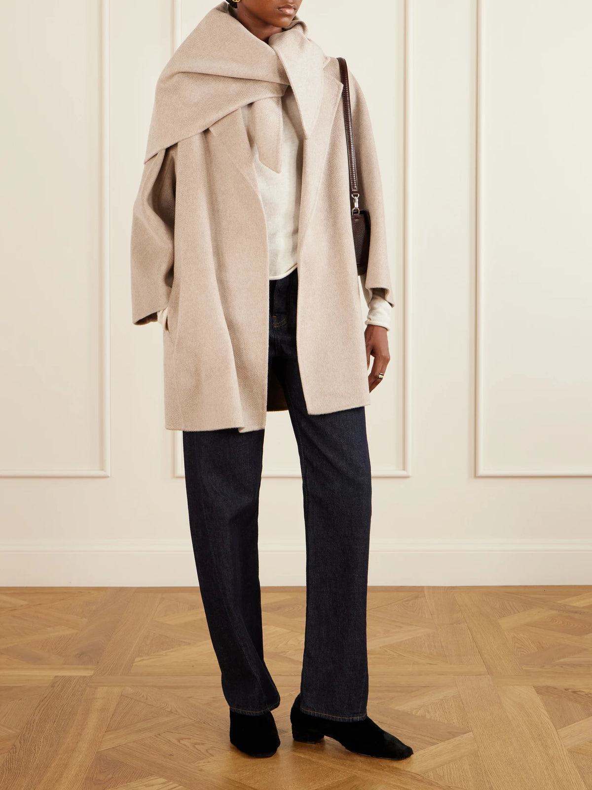 Image of Coats & Jackets. Product name - Belted Scarf-detailed Cashmere Coat in Camel colour by brand - Max Mara