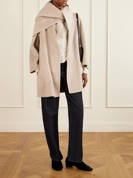Image of Coats & Jackets. Product name - Belted Scarf-detailed Cashmere Coat in Camel colour by brand - Max Mara