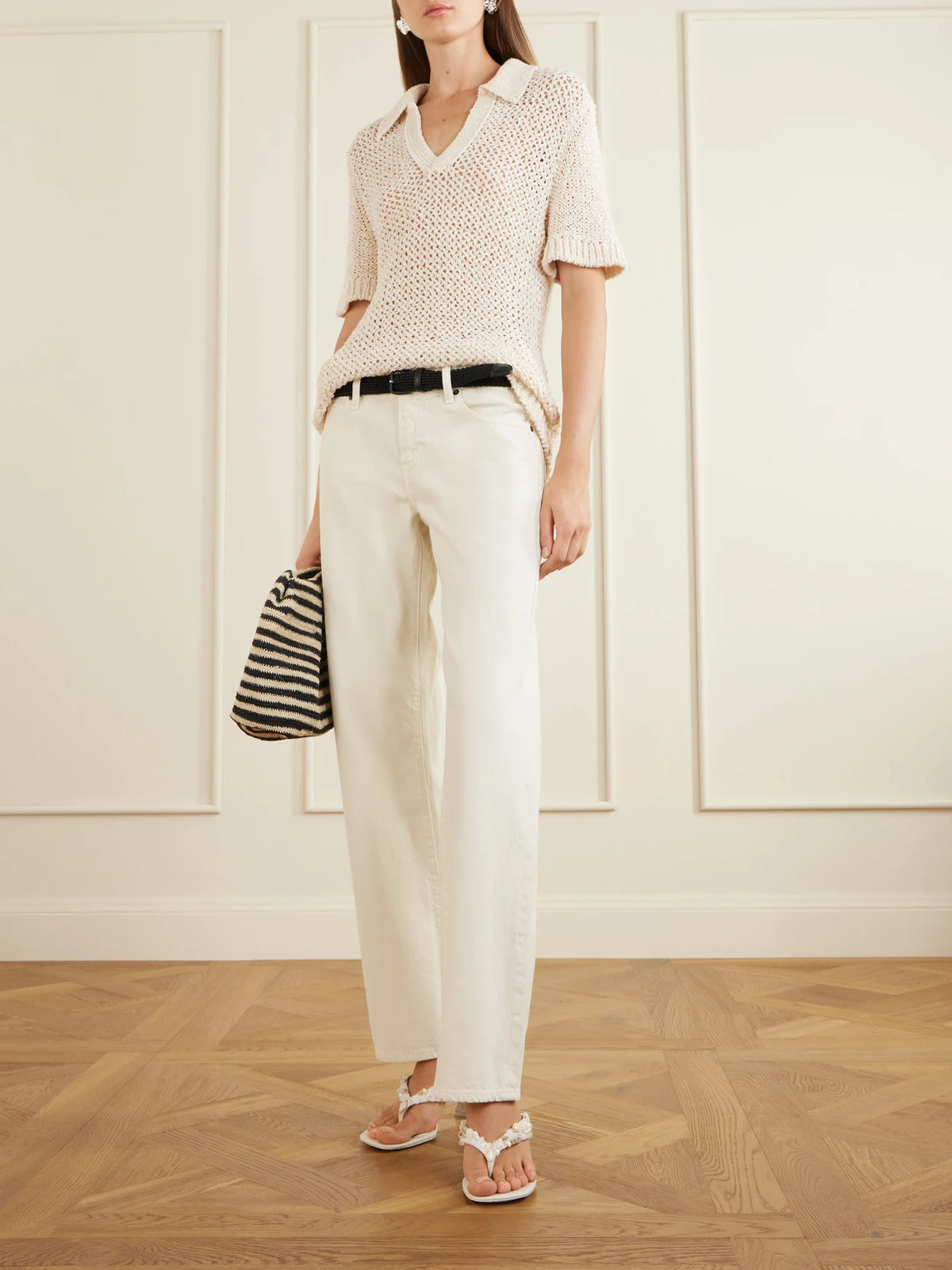 Image of Heels. Product name - Abi Bead-embellished Leather Thong Sandals in White colour by brand - Cult Gaia