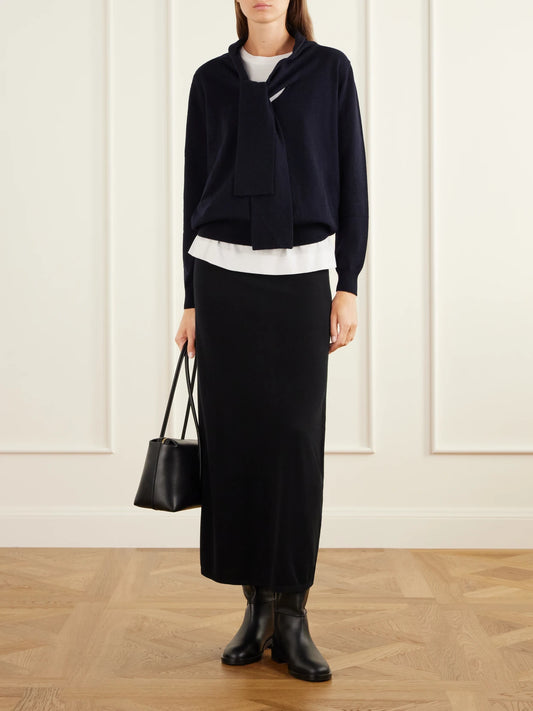Image of a model wearing Outerwear. Product name - Tie-detailed Wool And Cashmere-blend Sweater in Navy colour by brand - Allude