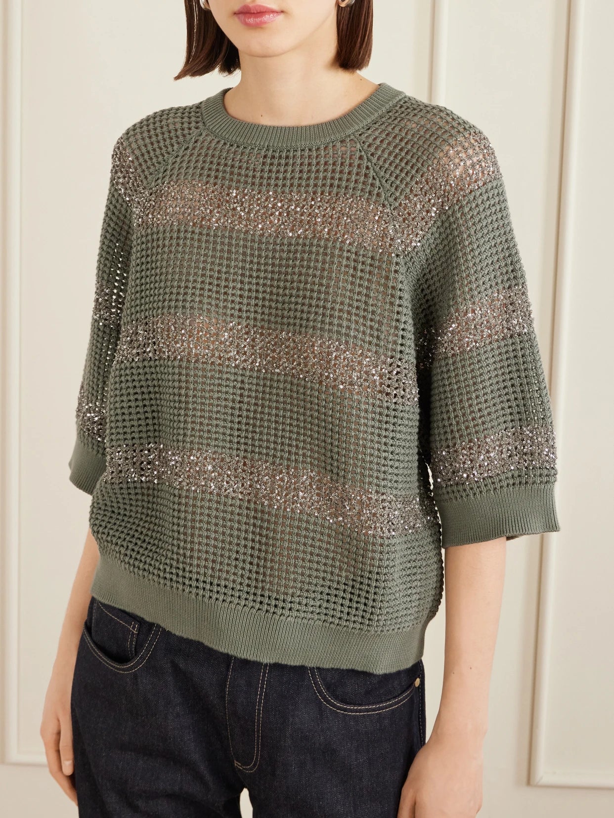 Sequin-embellished Striped Open-knit Cotton Sweater