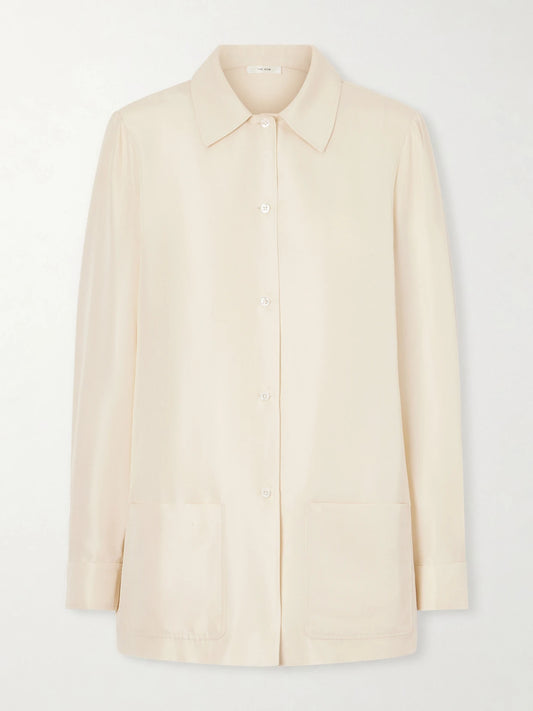 Image of a model wearing Tops. Product name - Lucetta Silk-shantung Shirt in Pastel yellow colour by brand - The Row