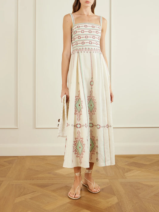 Image of Dresses. Product name - Aneeda Astragal Mare Embroidered Linen Cotton-blend Midi Dress in Cream colour by brand - Emporio Sirenuse
