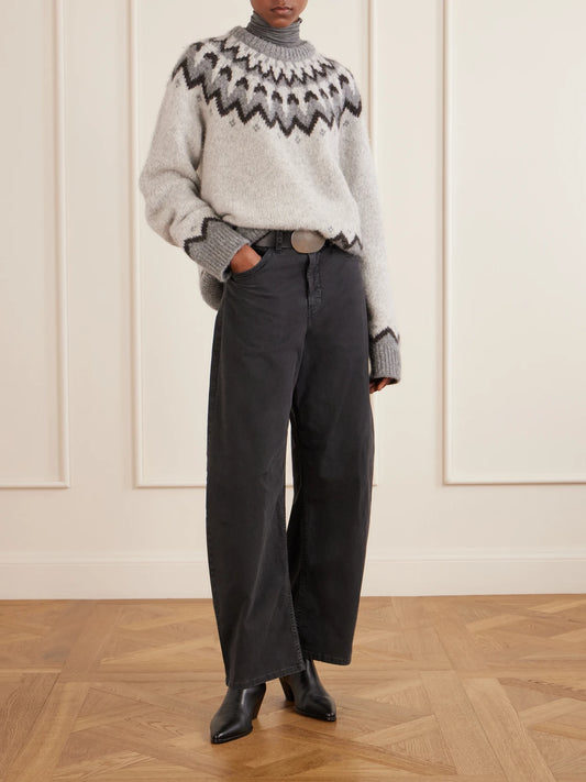 Image of a model wearing Outerwear. Product name - Alan Fair Isle Intarsia-knit Wool And Alpaca-blend Sweater in Light gray colour by brand - Nili Lotan