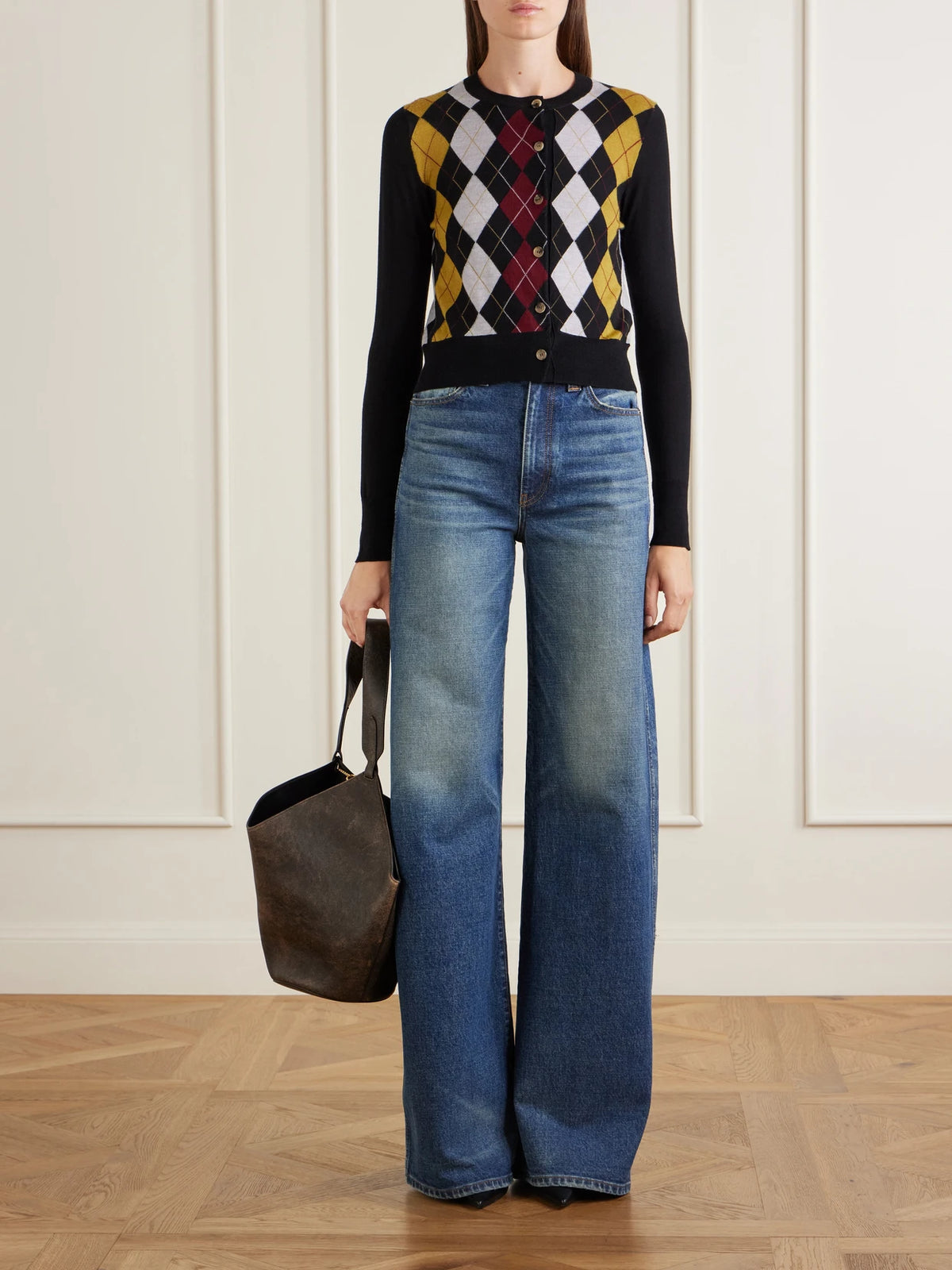 Image of Jeans. Product name - Dane High-rise Wide-leg Stretch Jeans in Mid denim colour by brand - KHAITE