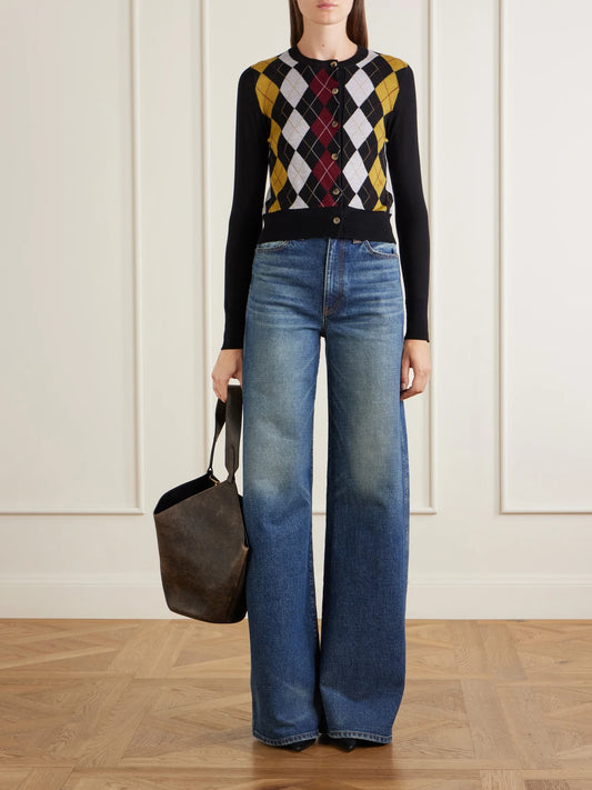 Image of Jeans. Product name - Dane High-rise Wide-leg Stretch Jeans in Mid denim colour by brand - KHAITE