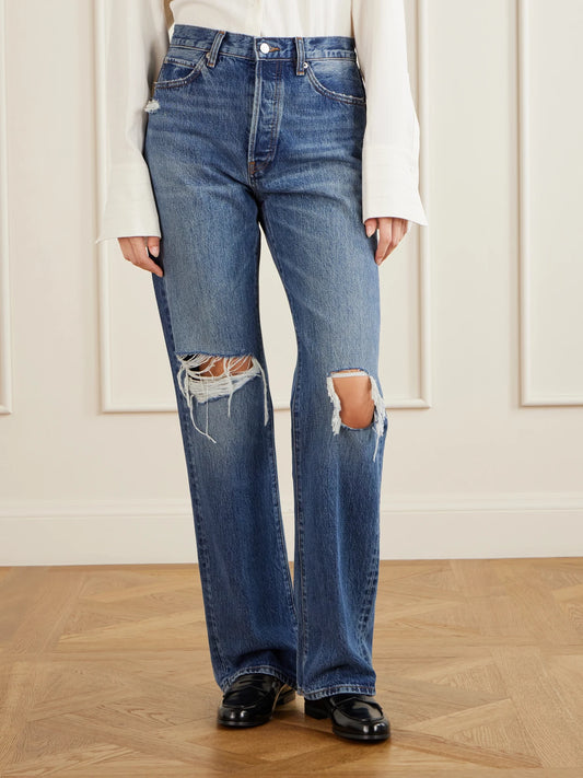 FRAME The Vertical Distressed High-rise Straight-leg Jeans