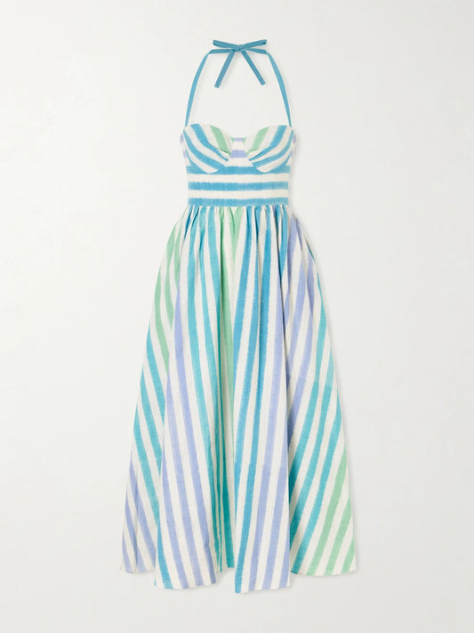Image of Dresses. Product name - Johanna Ikat Striped Cotton Midi Dress in Blue colour by brand - Emporio Sirenuse