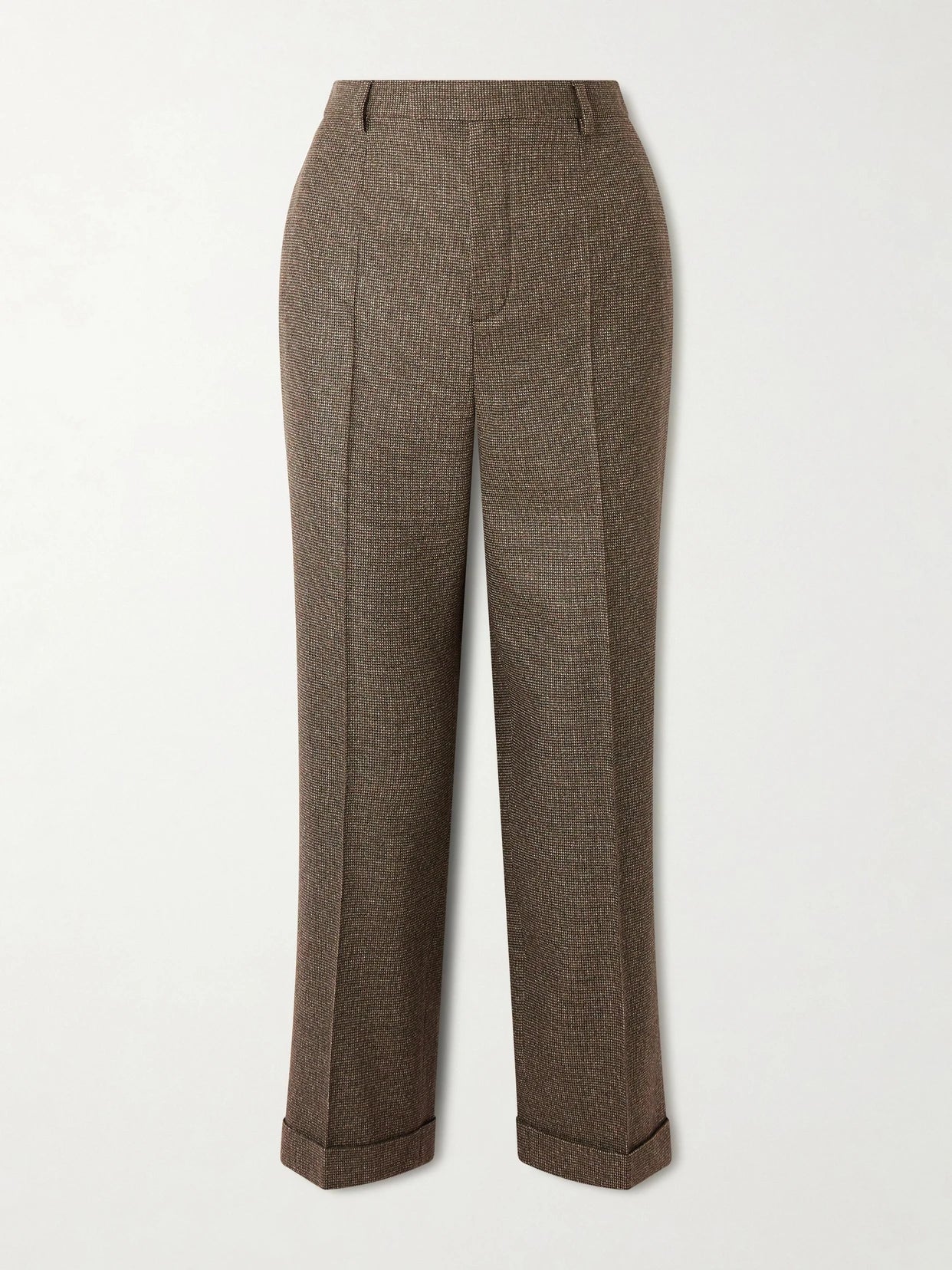 Image of a model wearing Pants. Product name - Louis Cropped Wool And Cashmere-blend Straight-leg Pants in Brown colour by brand - Loro Piana