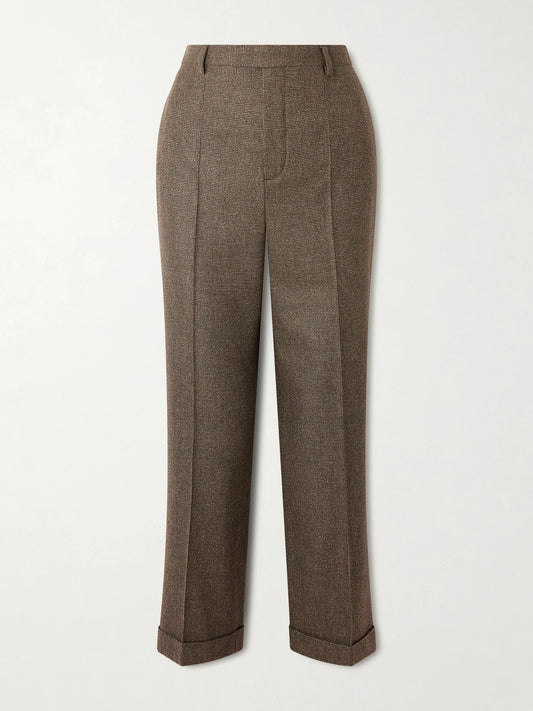 Image of a model wearing Pants. Product name - Louis Cropped Wool And Cashmere-blend Straight-leg Pants in Brown colour by brand - Loro Piana