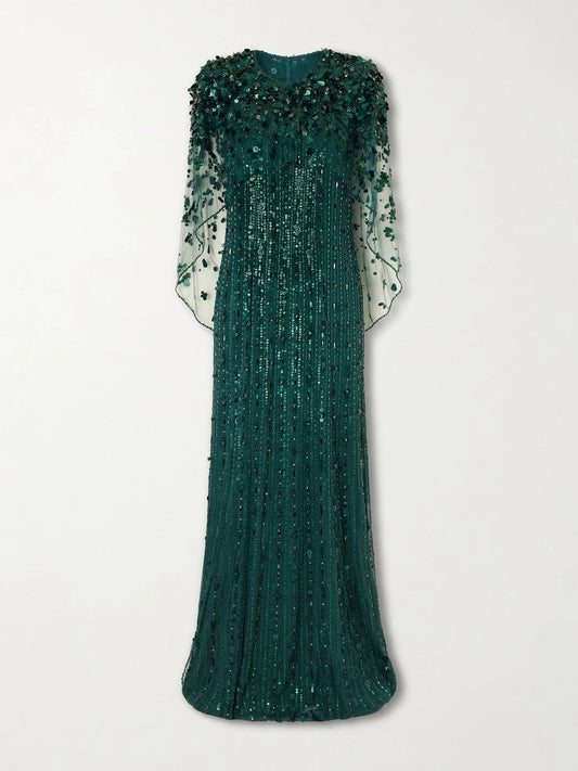 Image of Dresses. Product name - Nettie Embellished Sequined Tulle Gown in Emerald colour by brand - Jenny Packham