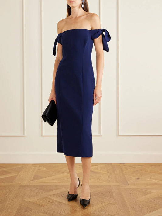 Image of Dresses. Product name - Off-the-shoulder Crepe Midi Dress in Navy colour by brand - Carolina Herrera