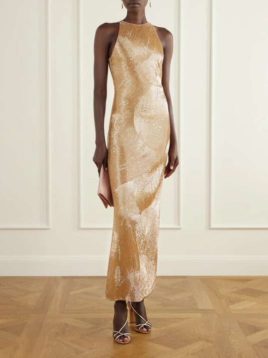 Image of Dresses. Product name - Delphine Embellished Stretch-mesh Gown in Gold colour by brand - Clio Peppiatt