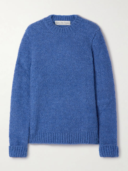 Image of a model wearing Outerwear. Product name - Cloud Cashmere-bouclé Sweater in Blue colour by brand - God's True Cashmere