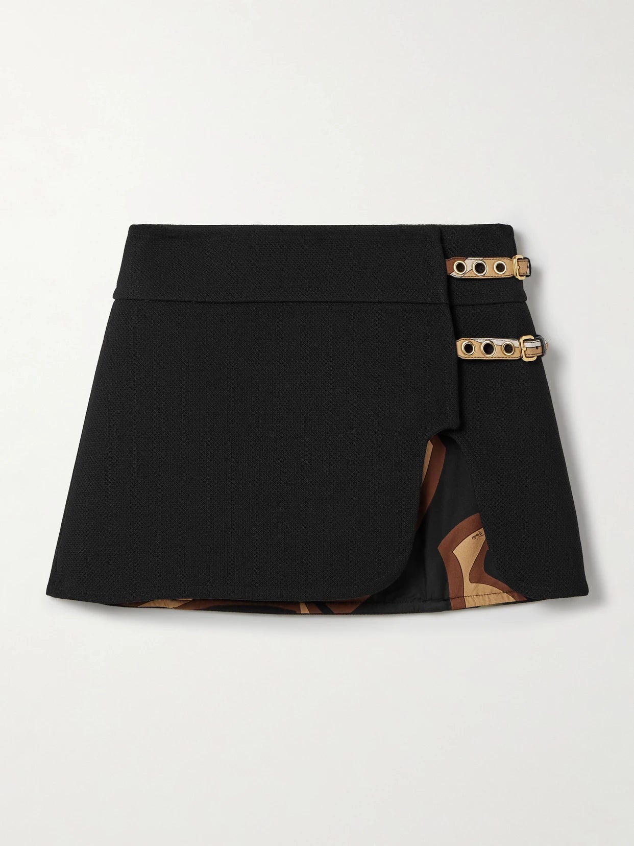Image of a model wearing Skirts. Product name - Buckled Wool Mini Skirt in Black colour by brand - PUCCI