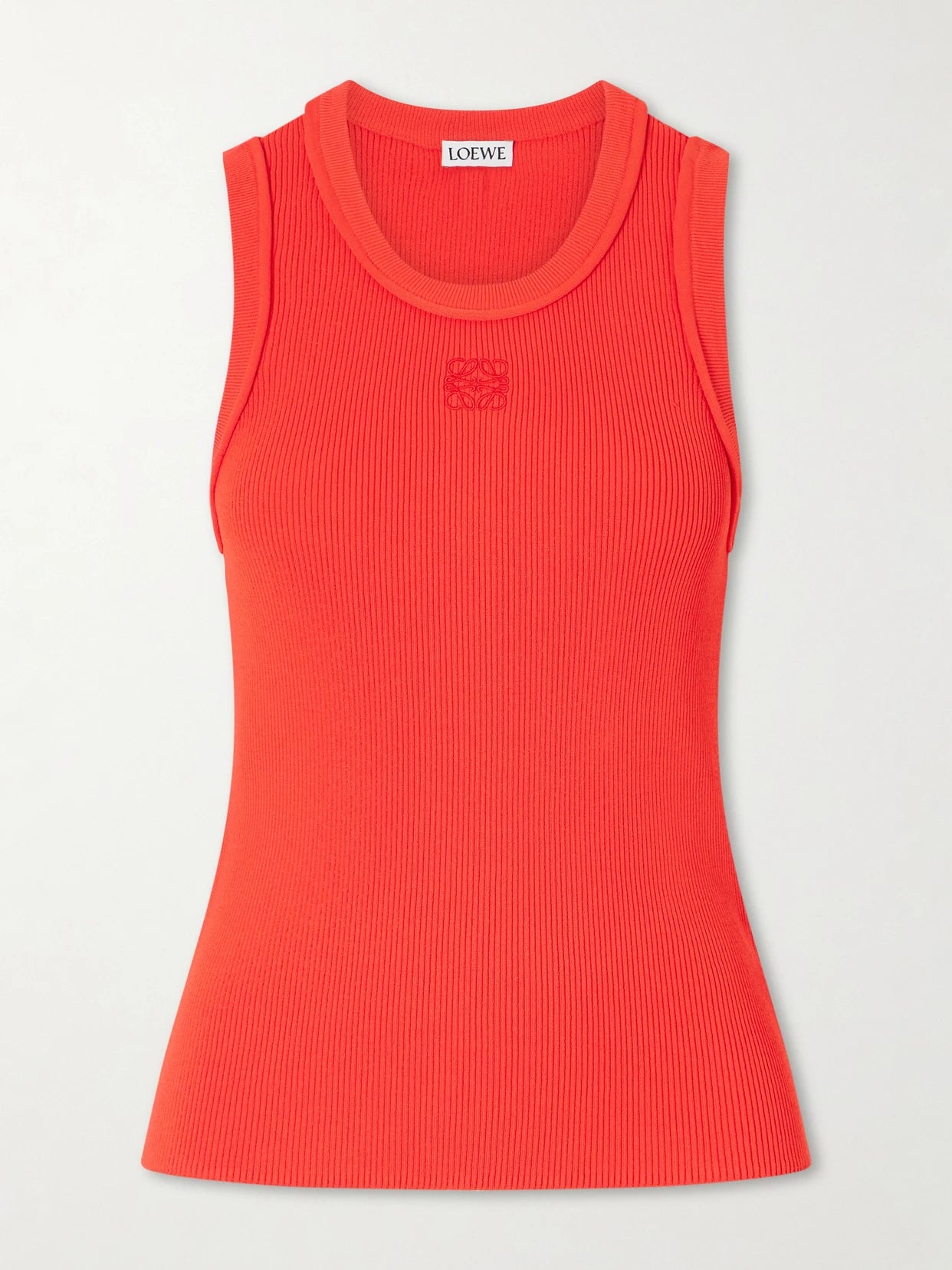 Image of a model wearing Tops. Product name - Anagram-embroidered Ribbed Tank in large colour by brand - LOEWE