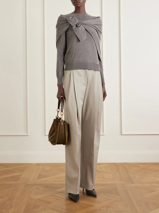 Image of a model wearing Outerwear. Product name - Scarf-detailed Cashmere Sweater in Gray colour by brand - Oscar de la Renta